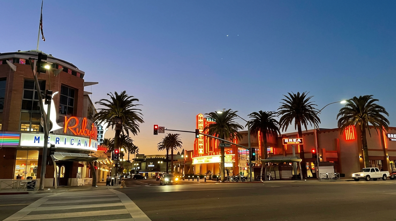 Downtown Brea at dusk, Birch Street